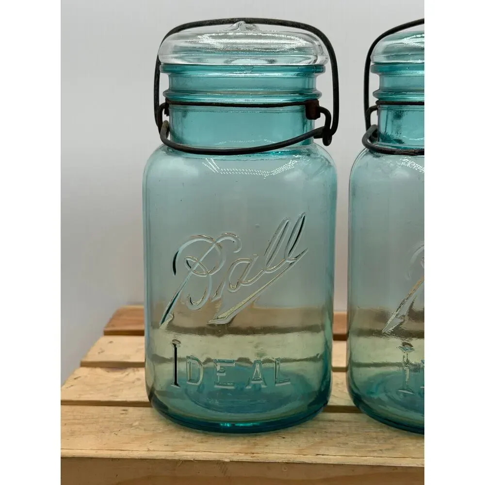 Vintage Ball Ideal Aqua Blue Quart Mason Jars - Lot of 2 - 7.75” Tall